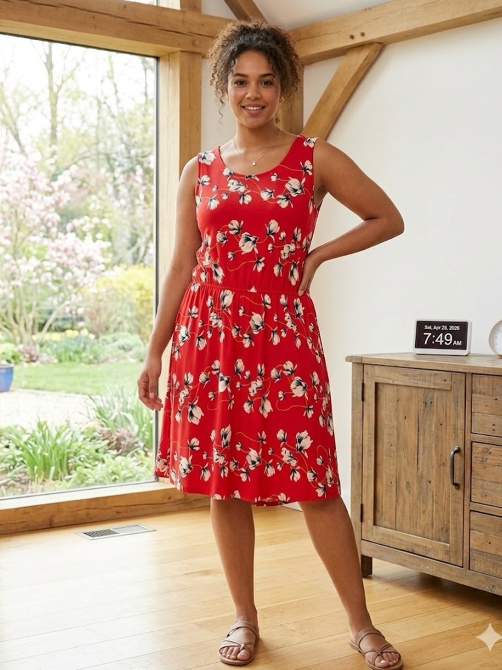 French Grey Vibrant Red Floral Midi Dress